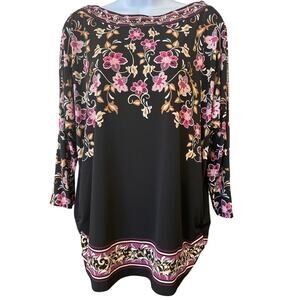 JM Collection Black Blouse with Purple & Gold Flowers, Beaded Neckline, Size L